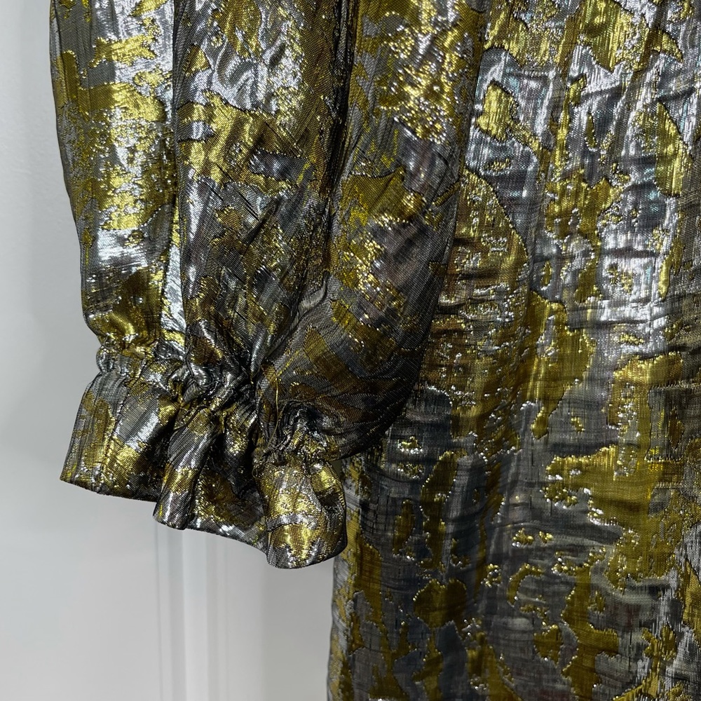 DRIES VAN NOTEN Ruffle Trimmed Metallic Silk Blend Brocade Dress NEW Silver Gold - Picture 6 of 15